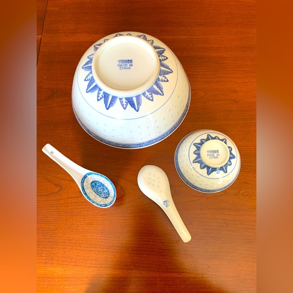 Chinese porcelain blue & white dragon pattern 9” serving bowl 6” plates & spoons - Picture 10 of 11